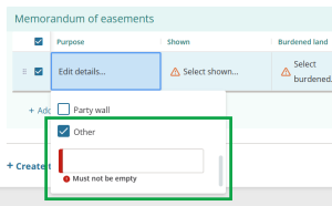 image showing purpose of "Other" ticked in the list. A warning advises "must not be empty".