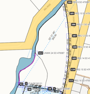 screenshot of survey capture, with the new irregular line between mark 61 and mark 112 selected. The line is pink.