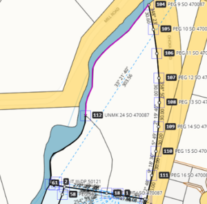 screenshot of survey capture, with the new irregular line between mark 112 and mark 104 selected. The line is pink. 
