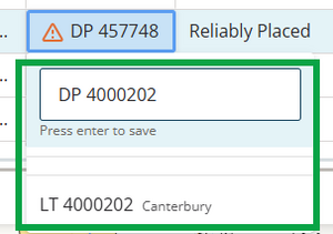 image of the CSD reference field for a mark in the marks panel. The entered CSD reference is DP 4000202, and the result in the drop-down is LT 4000202.