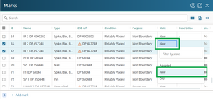 image of marks panel. The 2 new marks are selected, and the State field is highlighted. The dropdown shows New as the selected option.