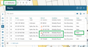 Image of the marks panel. The CSD reference for the survey is LT 4000202. The New marks have CSD references DP 457748, and orange warning triangles next to these CSD references. The mouse cursor is positioned over one of these, and the tool-tip states: 'Plan reference does not match the CSD ref'.