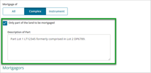 Screenshot showing the Only part of the land to be mortgaged checkbox. 