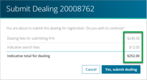 Screenshot of submit dealing confirmation indicative fees