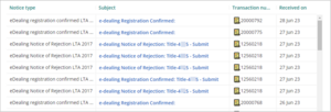Screenshot of columns in the notices dashboard