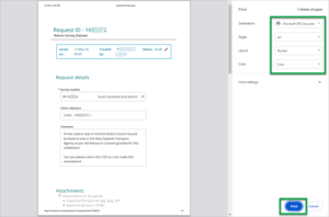 Screenshot of printer dialogue box select printer and select print button