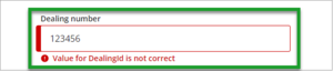 Screenshot of invalid dealing number