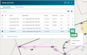 Screenshot of  Unlink a centreline parcel with 3-dot menu