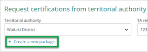 Screenshot of TA certification create new package