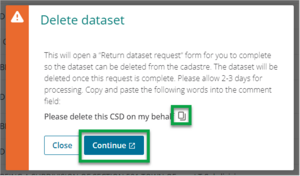 Screenshot of delete dataset on requisition pop up box