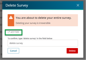 Screenshot of delete survey but confirm survey number first