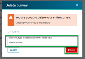 Screenshot of delete survey pop up confirmation box