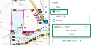Screenshot of draw to select features, quick actions adopt lines
