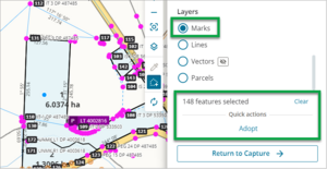 Screenshot of draw to select features, quick actions adopt marks