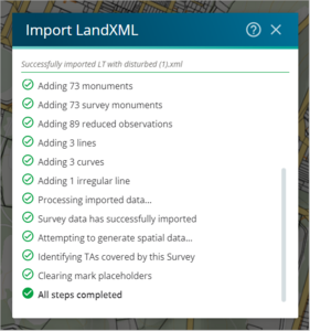Screenshot of import landxml file all steps completed