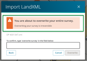 Import LandXML panel window with orange warning message highlighted
