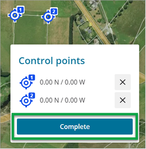 Screenshot of Control points panel with 'Complete' button highlighted