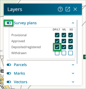 Screenshot of layers plan toggle on survey plans