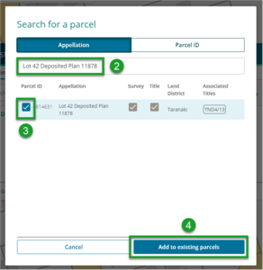Screenshot of manual capture search for existing parcel