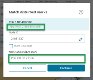 Screenshot of Match disturbed marks window with name of disturbed mark  field highlighted