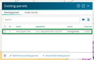 Screenshot of check correct title is in existing parcels tab in existing parcels panel