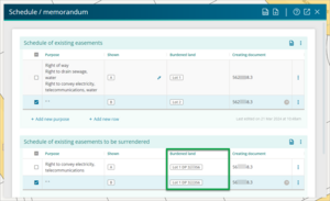 Screenshot of schedule of existing easements to be surrendered