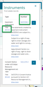Screenshot of selecting the tile or instrument number to open Landonline Web Search