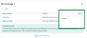 A screenshot of editing a certificates plan number
