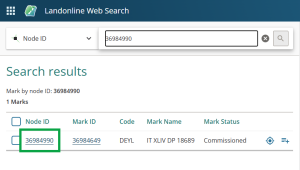 image of the search results screen in Web Search for a mark searched by Node ID. The link to the node summary page is highlighted.