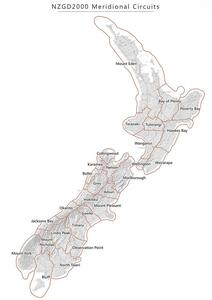 Map of New Zealand showing the NZGD2000 Meridional Circuits