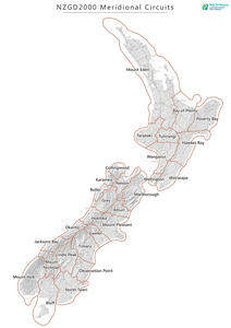 Map of New Zealand showing the NZGD2000 Meridional Circuits
