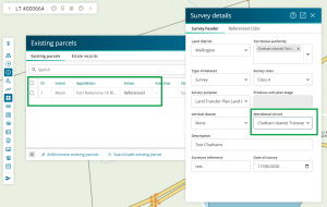 image of survey capture. The existing parcels panel is open and a referenced parcel is highlighted. THe Survey details panel is open and the Meridional circuit is highlighted.