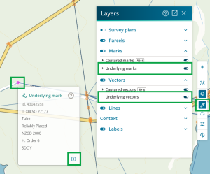 Image of survey capture, with the layers panel open. The unserlying marks and underlying vectors layers are turned on and highlighted. THe Inspect and Adopt tool is highlighted in the tools control toolbar, and an underlying marks has been selected. The Adopt button for the selected mark is also highlighted.