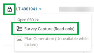 image of the Open CSD options for a locked survey. Plan generation is greyed out, and survey capture is "read-only".