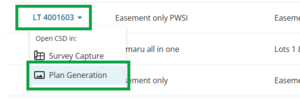 image highlighting a CSD reference on the my work page. The dropdown menu is open, and Open CSD in Plan Generation is highlighted.