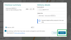 image of the checkout summary, highlighting the "Continue" button at the bottom right of the panel.