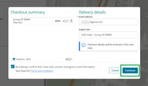 image of the checkout summary panel in Land Record Search for a survey plan. The "Continue" button is highlighted in the bottom right of the panel.