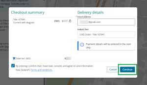 image of the checkout summary, highlighting the "Continue" button at the bottom right of the panel.