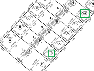 image of multiple non-primary parcels on a plan sheet. Labels for parcels A-D, and H-T are visible. The labels for parcel I and M are highlighted, as their surrounding circles appear diferecnt from the others.