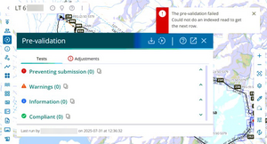 image of survey capture with the pre-validation panel open. There is an error message in the top right corner, displaying "the pre-validation failed. Could not do an indexed read to get to the next row".
