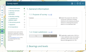 Image of the opened survey report panel. The survey report icon is highlighted in the workflow control bar.