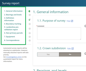 Image of the survey report panel highlighting the section headings at the left of the panel.