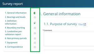 image of the survey report panel, highlighting the pie-wedge progress indicators next to each section heading. They have various amounts of green "pie" filled in.
