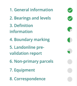 image of the section headings in the survey report panel. The progress indicators are at various stages of complete: the first 2 are completely green, with white ticks, the next 3 have amouts of "pie" filled in, and the last 3 are grey.