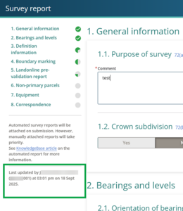image of the survey report panel, highlighting the "Last updated by" section at the bottom left of the panel.