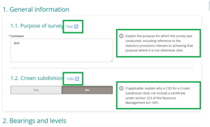 image of the survey report panel, highlighting links to the Cadastral Survey Rules 2021, and the Standard for lodgement of cadastral survey datasets. Information about the question is also highlighted.