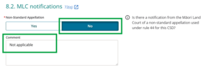 image of a yes/no question in the survey report. "No" has been selected, and "Not applicable" is highlighted in the comment field.