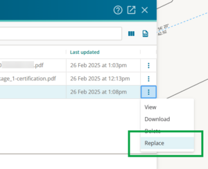 screenshot of the open 3 dot menu in teh supporting documents panel, highlighting "replace".