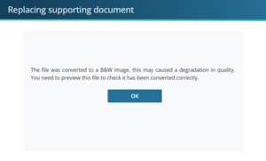 image of the "replacing supporting document" panel. There is a message regarding black and white conversion in the centre of the panel.