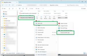 image of a file explorer window. A PDF requisition notice is selected and highlighted in the window, and its menu is open. 'Open with' is highlighted in the menu, and 'Choose another app' is selected and highlighted in the 'open with' menu.